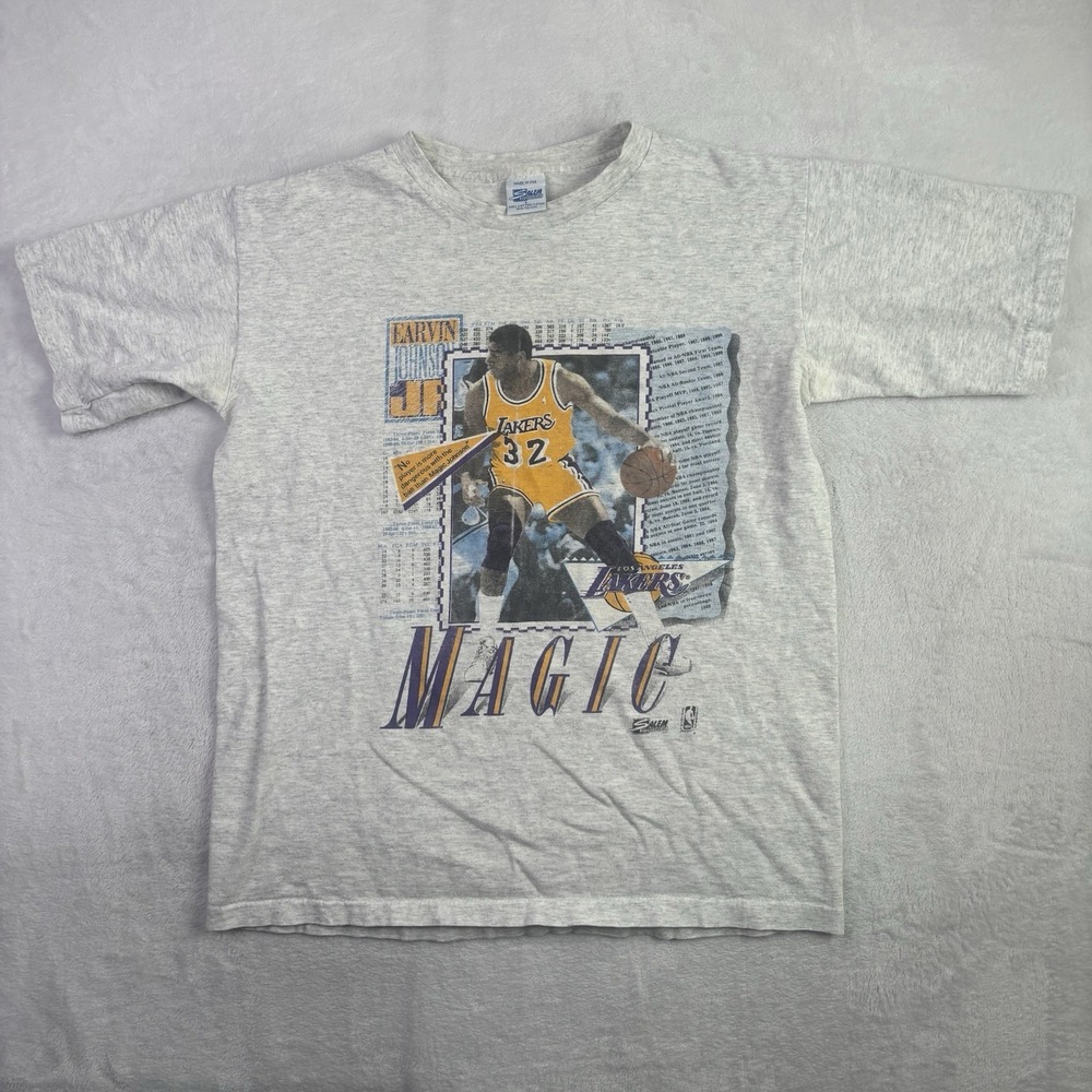 VTG 1991 Salem Earvin Magic Johnson Grey SS Graphic Shirt Men's Large
